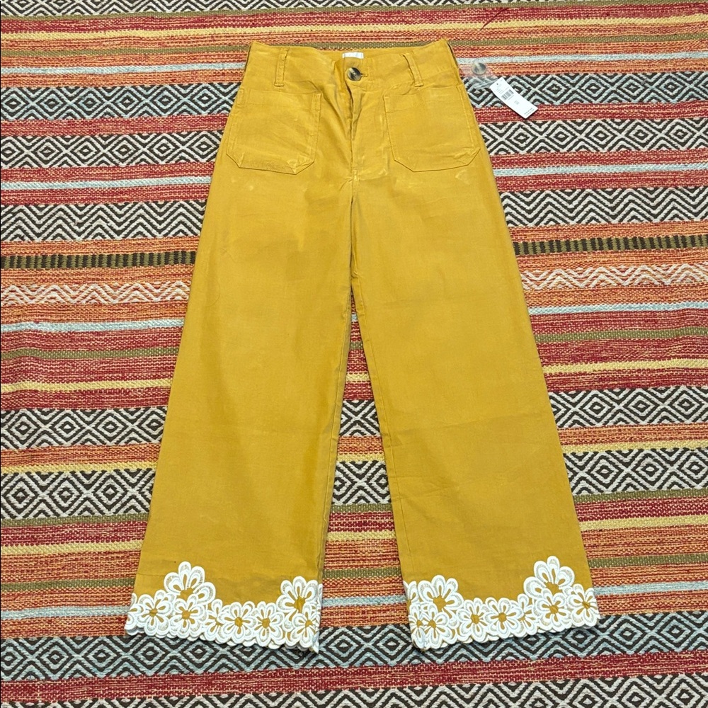 Maeve Anthropologie The Colette Yellow Wide-Leg Pants Floral Hem NWT 25